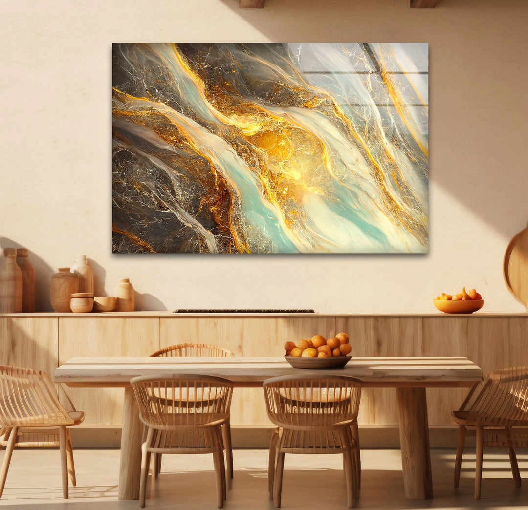 Gold Teal Marble Wall Art – Abstract Glass Print with Fiery Metallic Flow for Modern Elegant Interiors - MyPhotoStation