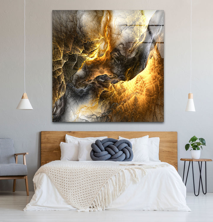 Golden Ember Cavern Wall Art – Textured Abstract Glass Print Decor