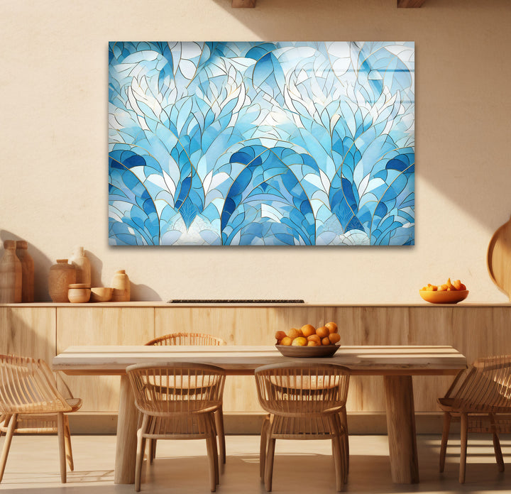 Ocean Leaf Stained Glass Wall Art – Blue Botanical Window Panel, Calming Nature Decor