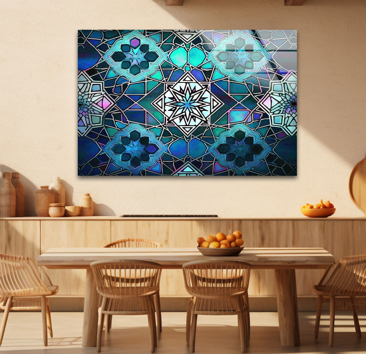 Blue Mosaic Star Glass Wall Art – Islamic Geometric Window Panel, Sacred Pattern Decor
