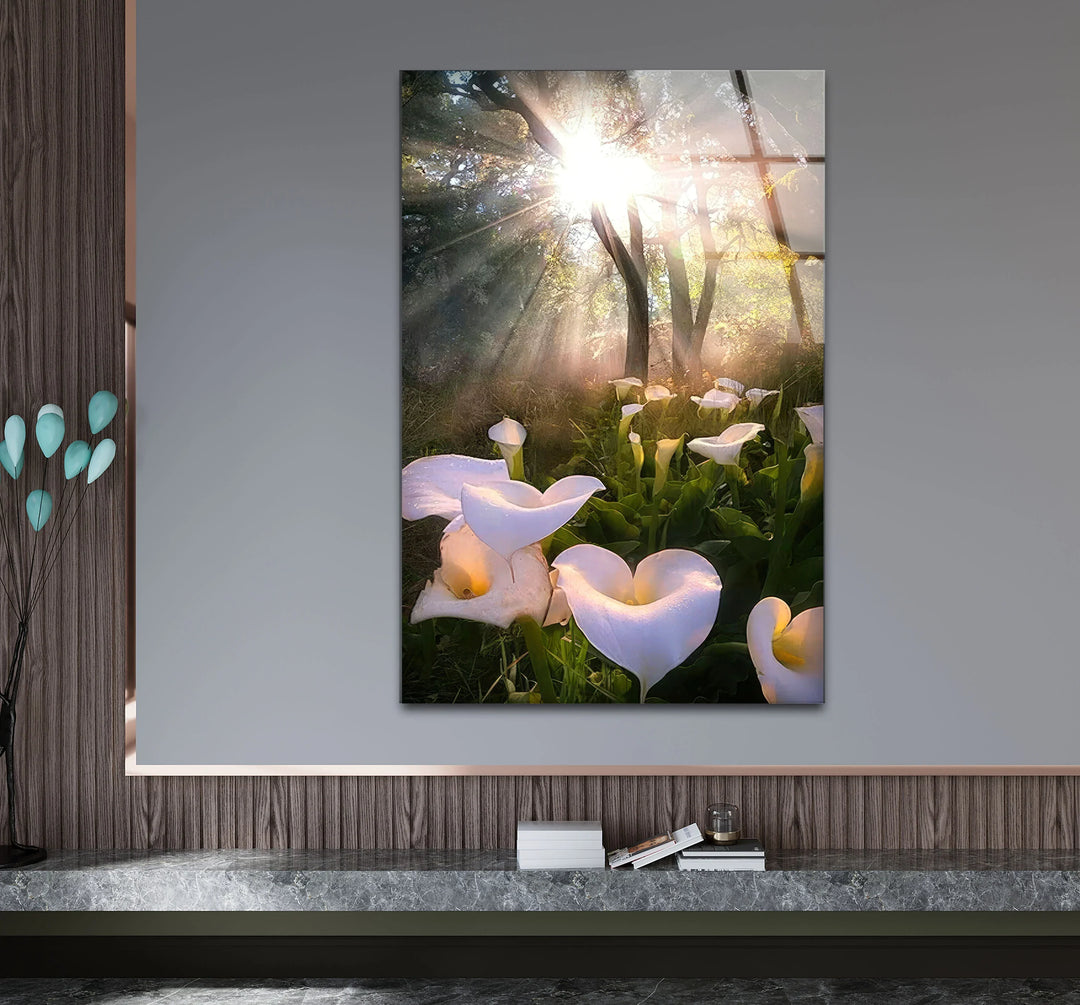 White Lily Forest Wall Art – Sunlit Flower Glass Print, Peaceful Botanical Nature Decor for Bedroom or Living Room - MyPhotoStation