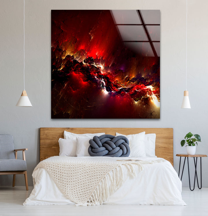 Crimson Nebula Wall Art – Fiery Red Abstract Galaxy Glass Print