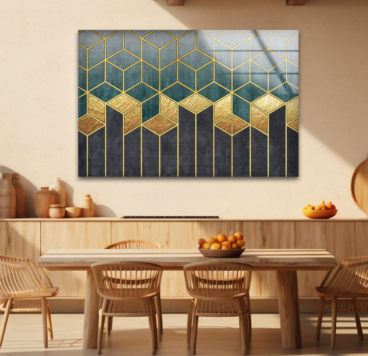 Gold Teal Geometric Wall Art – Luxury Patterned Glass Print for Modern Decor
