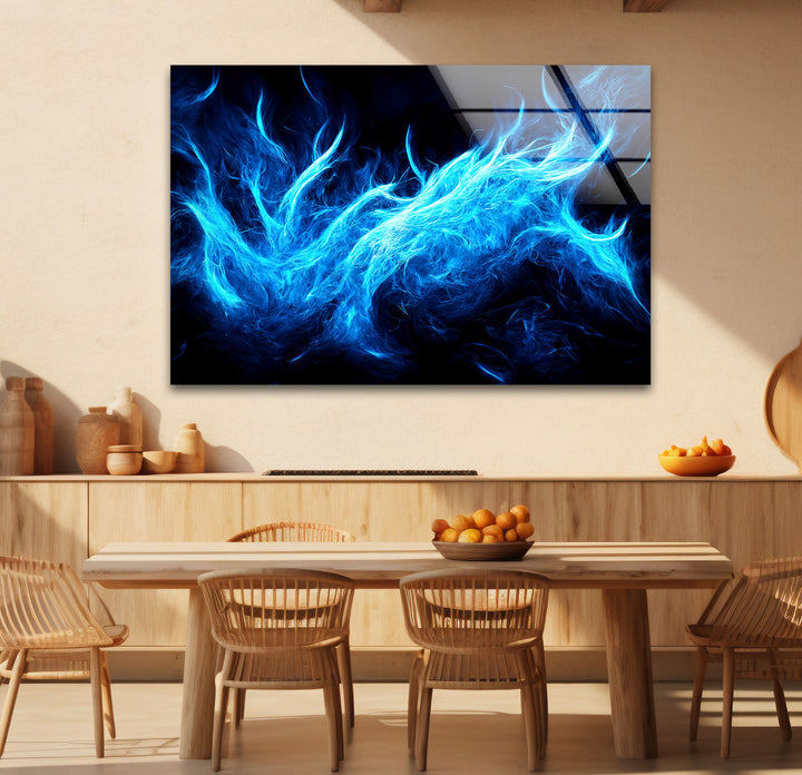 Blue Flame Abstract Glass Wall Art – Fiery Energy & Modern Decor