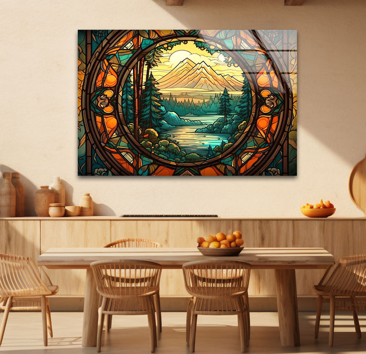 Stained Glass Mountain Landscape – Scenic Forest & River Window Panel