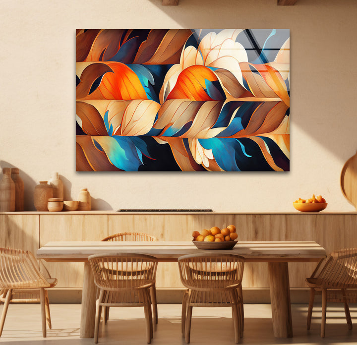 Abstract Feather Flow Glass Wall Art – Earthy Orange & Teal Nature Design