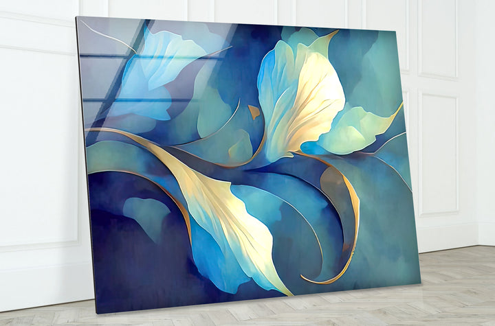 Blue Bloom Wandkunst – Eleganter floraler Glasdruck für Wohnräume 