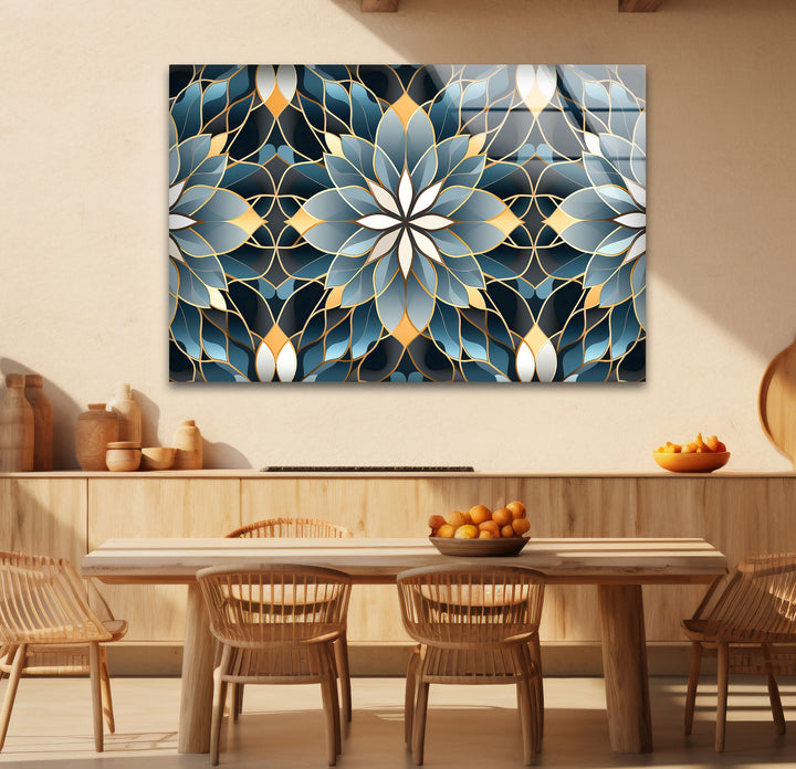Elegant Lotus Mandala Glass Wall Art – Blue Gold Sacred Geometry Pattern