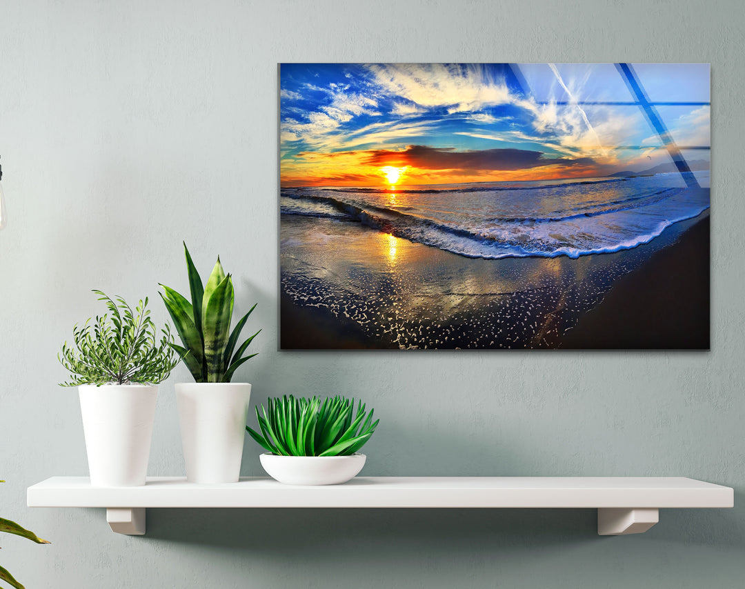 Sunset Beach Wave Wall Art – Vibrant Ocean Horizon Glass Print for Coastal and Modern Interiors