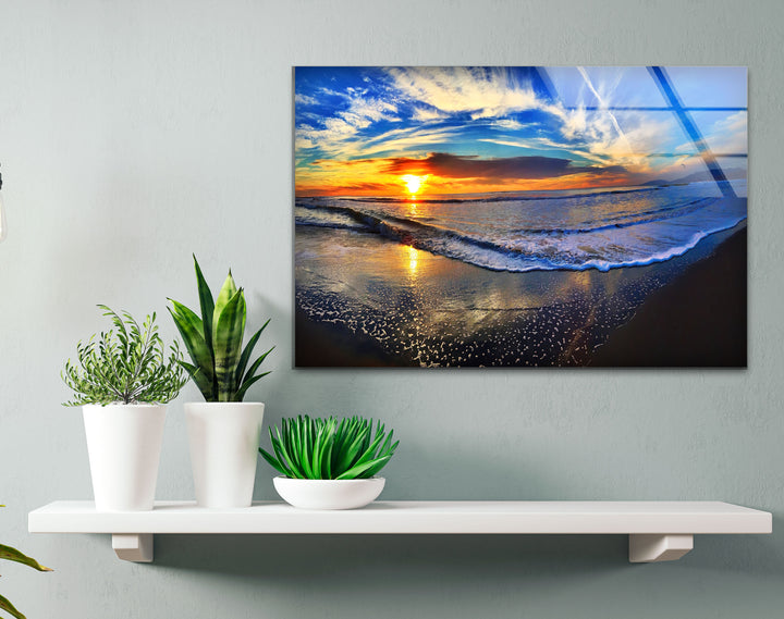 Sunset Beach Wave Wall Art – Vibrant Ocean Horizon Glass Print for Coastal and Modern Interiors