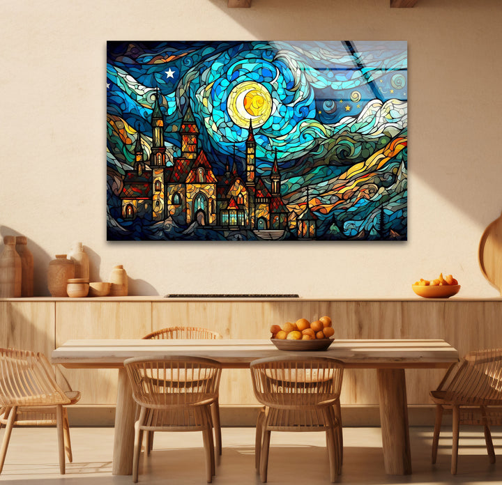 Van Gogh Sternennacht Schloss Glaswandkunst – Buntglas-inspiriert 
