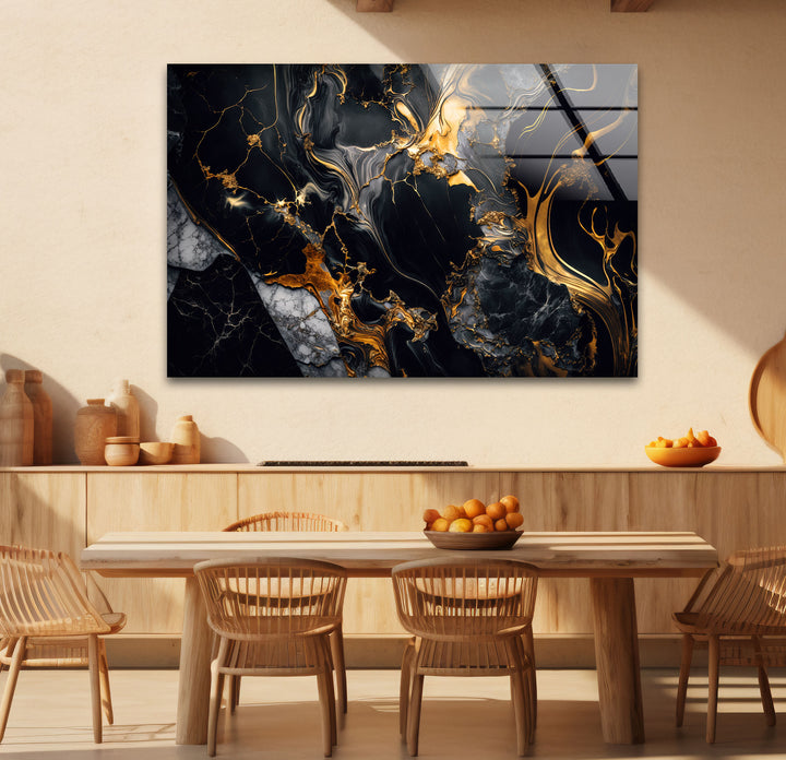 Black Marble Gold Flow Wall Art – Luxury Abstract Glass Print for Modern Interiors