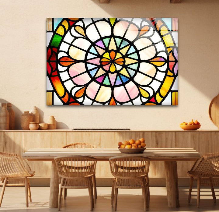 Bunte Buntglas-Wandkunst – Lebendiges Rosenfenster-Glasdesign 