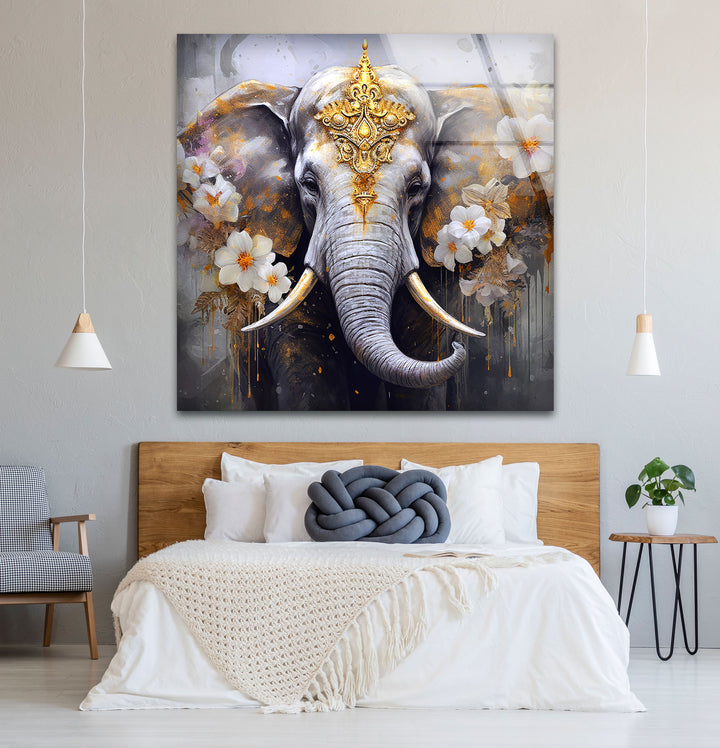 Regal Elephant Wall Art – Golden Floral Decor on Tempered Glass Panel