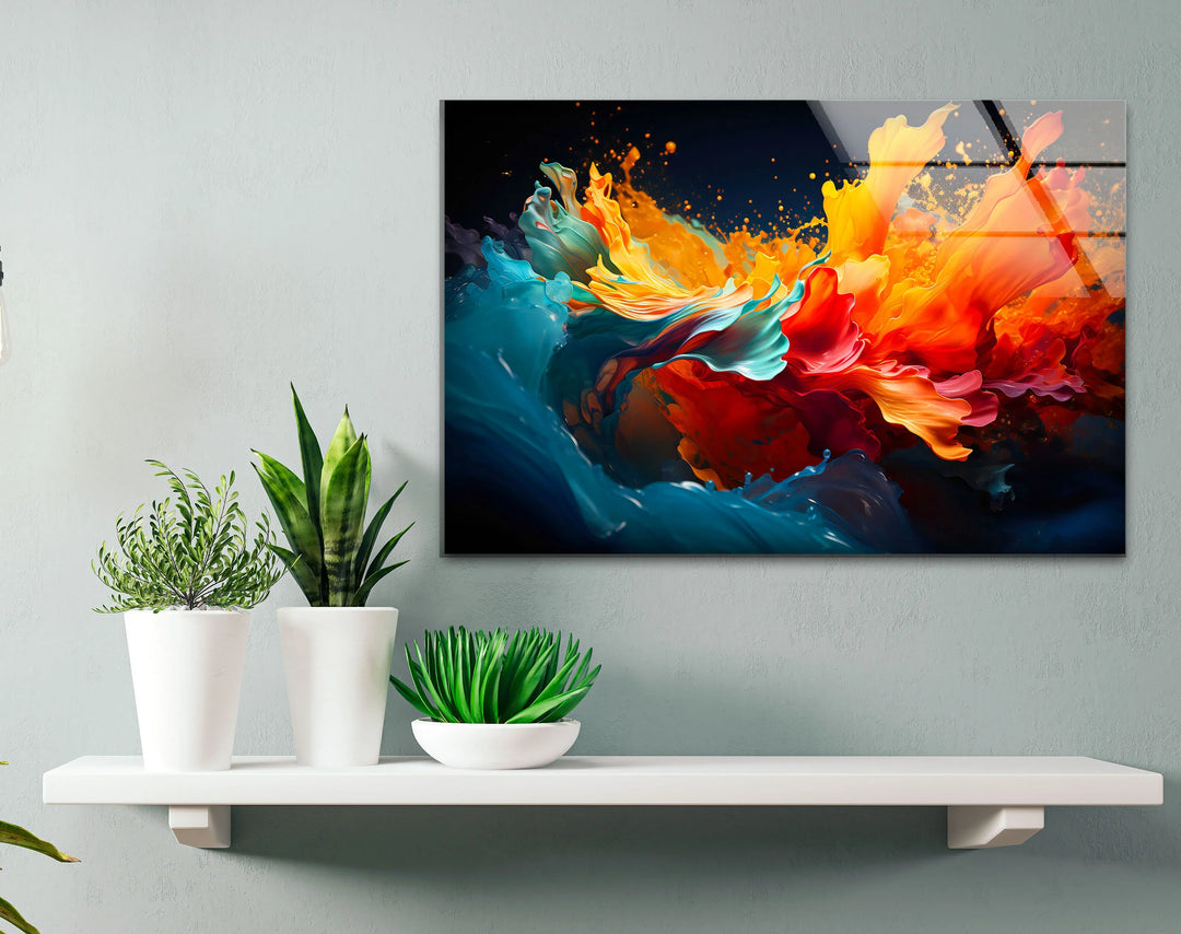 Fiery Abstract Splash Wall Art – Vibrant Glass Print in Red, Orange & Blue - MyPhotoStation