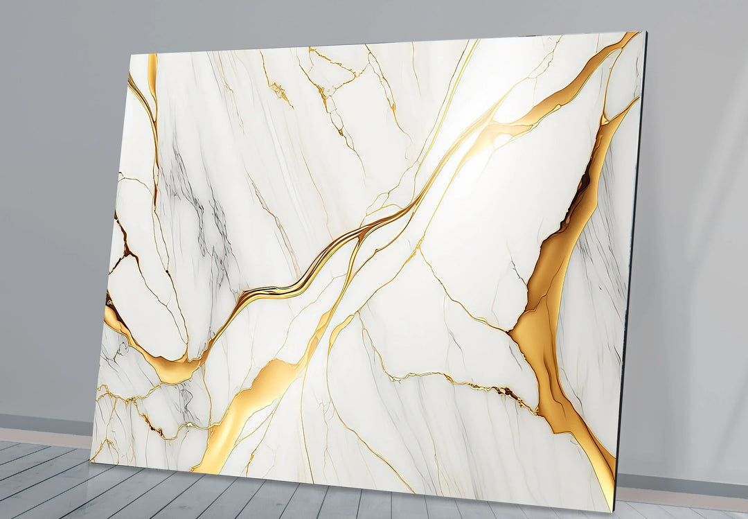 White Marble Wall Art with Gold Veins – Elegant Abstract Glass Print for Modern Luxury Interiors - MyPhotoStation