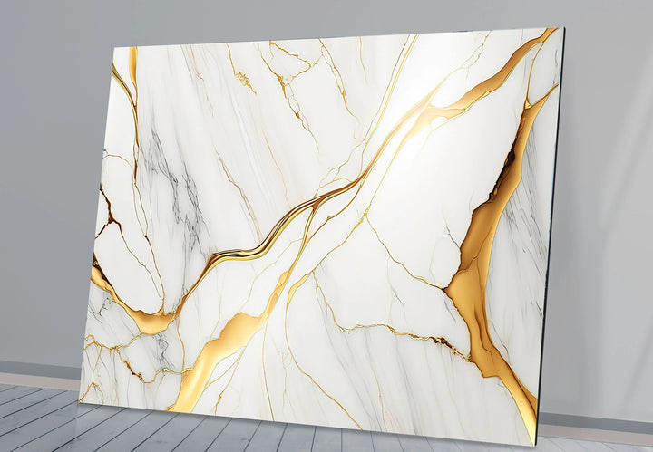 White Marble Wall Art with Gold Veins – Elegant Abstract Glass Print for Modern Luxury Interiors - MyPhotoStation