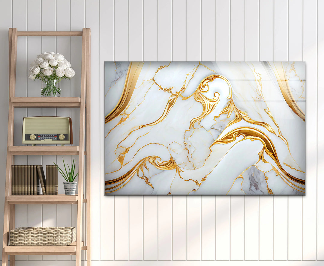 Luxury White Marble Wall Art with Gold Swirl – Elegant Glass Print for Modern Interiors - MyPhotoStation
