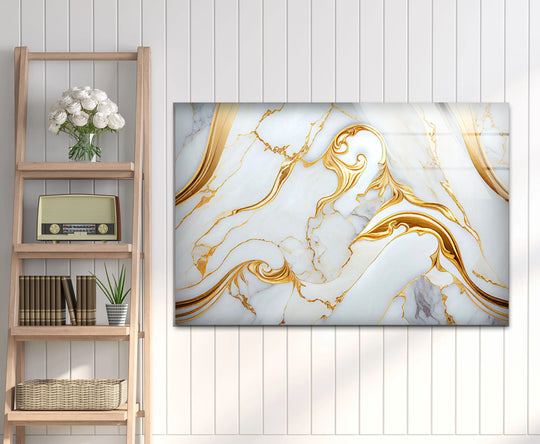 Clean white paneled background with soft shadows framing abstract gold-swirled marble glass wall prints.