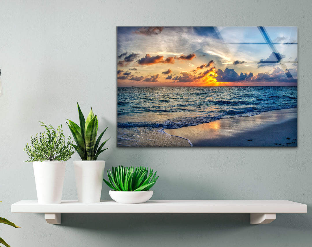 Tropical Ocean Sunset Wall Art – Serene Beach Glass Print for Tranquil and Coastal Interiors