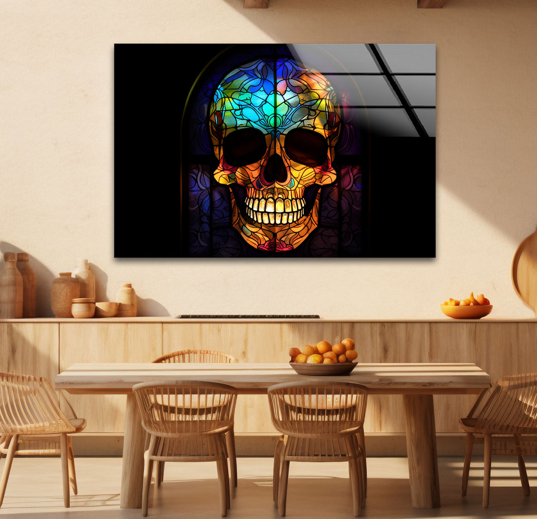 Gotischer Totenkopf Buntglas Wandkunst – Dunkles ästhetisches Fensterdesign, ausgefallene Wohndekoration 