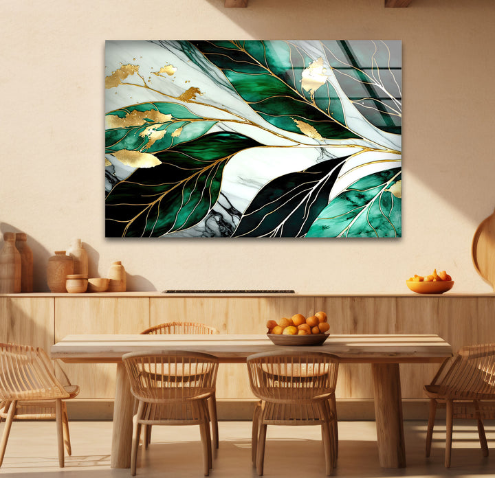 Gold & Emerald Botanical Glass Wall Art – Luxury Green Leaf Design