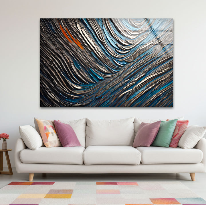 Textured Waves Abstract Glass Wall Art – Blue & Metallic Modern Decor