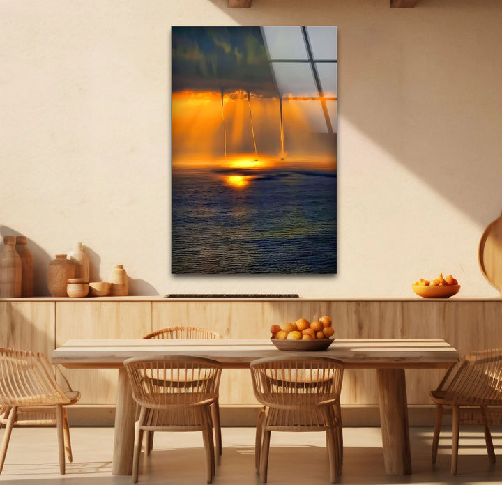 Golden Ocean Sunset with Rain Funnels – Dramatic Seascape Glass Wall Art - MyPhotoStation