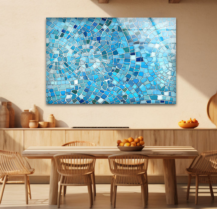 Aqua Blue Mosaic Glass Wall Art – Coastal Geometric Decor for Bathroom & Spa