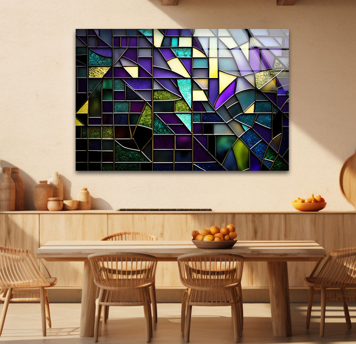 Modern Abstract Stained Glass Wall Art – Purple & Gold Geometric Decor