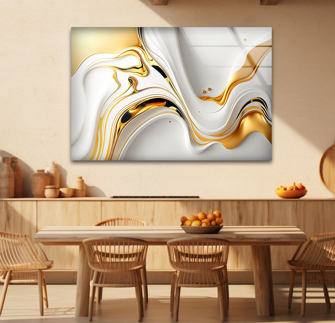 White Gold Fluid Wall Art – Modern Abstract Glass Print for Interior Elegance