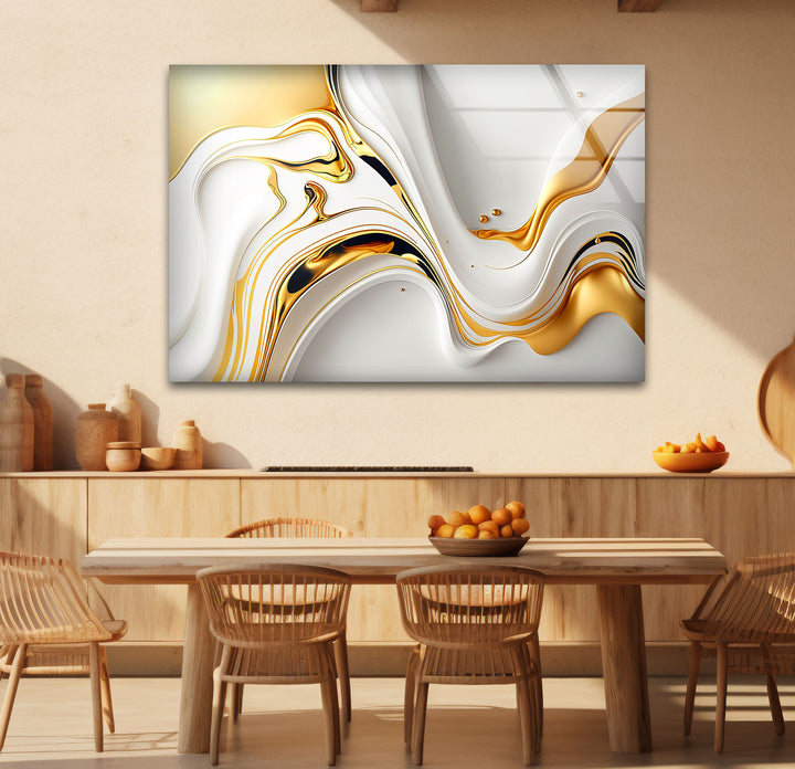 White Gold Fluid Wall Art – Modern Abstract Glass Print for Interior Elegance