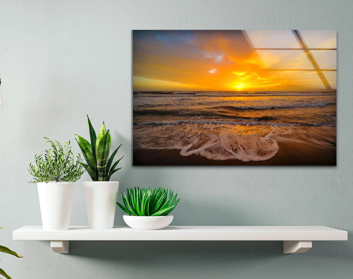 Golden Sunset Over Ocean Waves – Seashore Wall Art on Tempered Glass - MyPhotoStation
