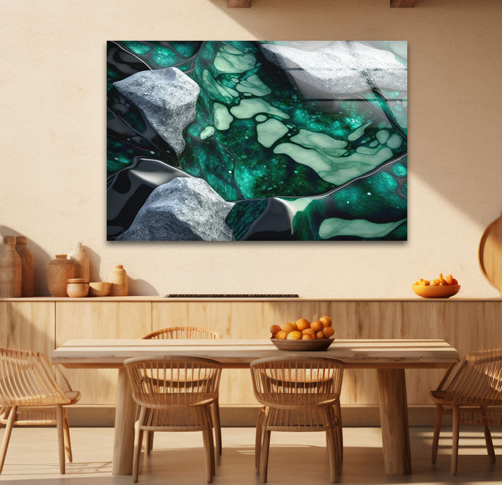 Emerald Stone Texture Wall Art – Abstract Green Glass Print with Marble and Rock Elements for Contemporary Nature-Inspired Decor