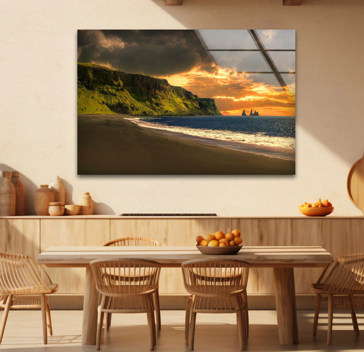 Sunset Cliffs Coastal Wall Art – Iceland Beach Landscape Glass Print - MyPhotoStation