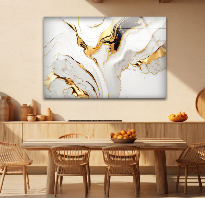White Gold Marble Abstract Wall Art – Modern Luxury Glass Print for Elegant Interiors