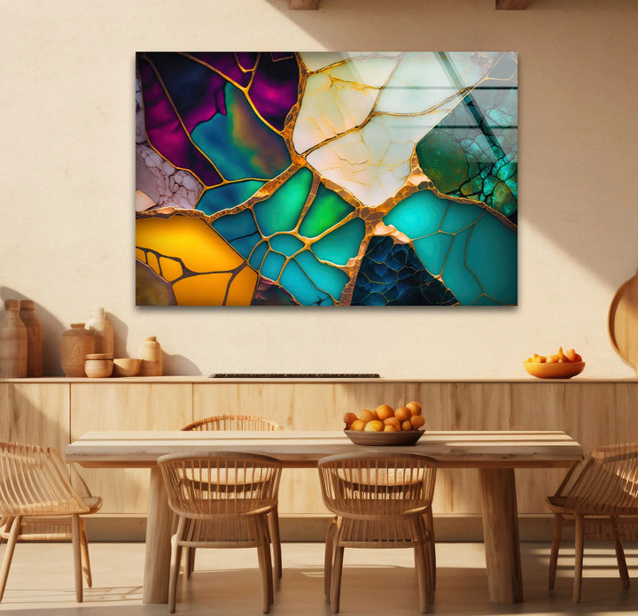 Colorful Abstract Stained Glass Wall Art – Golden Fractured Modern Glass Print - MyPhotoStation