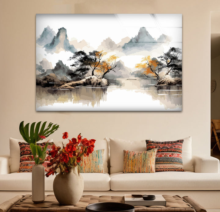 Serene Mountain Lake Wall Art – Asian Landscape Ink Style Glass Print
