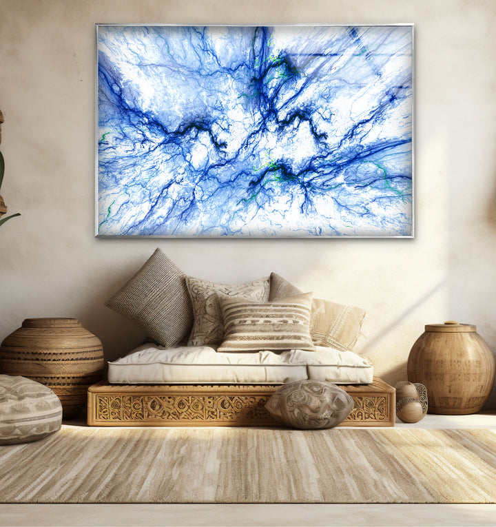 Electric Blue Vein Wall Art – Abstract Lightning-Inspired Glass Print