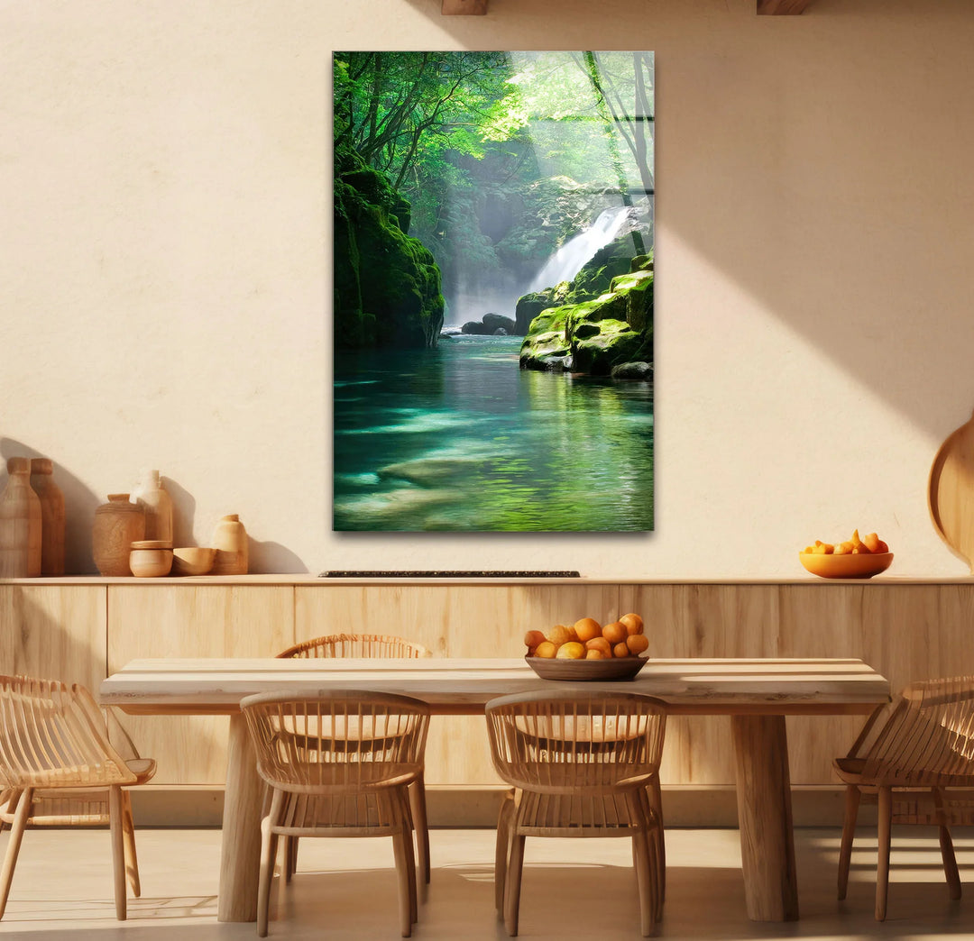 Tranquil Forest Waterfall Wall Art – Serene Nature Glass Print for Zen-Inspired Decor - MyPhotoStation