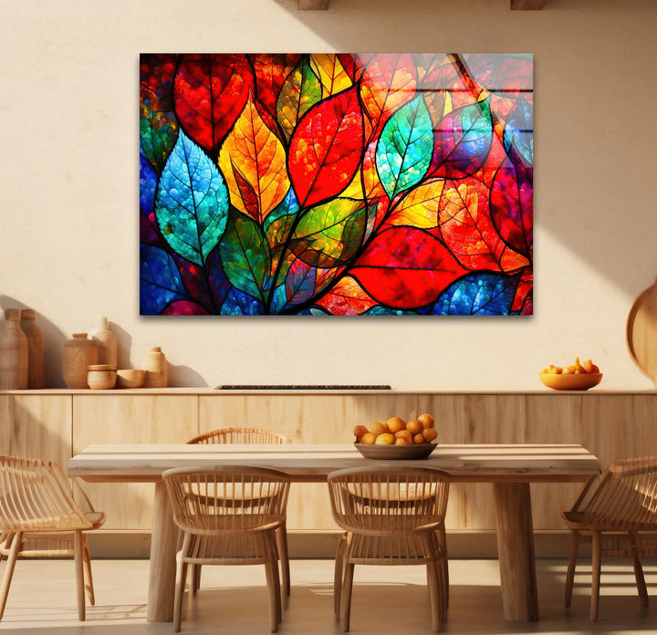 Vibrant Stained Glass Leaf Wall Art – Colorful Botanical Glass Decor - MyPhotoStation