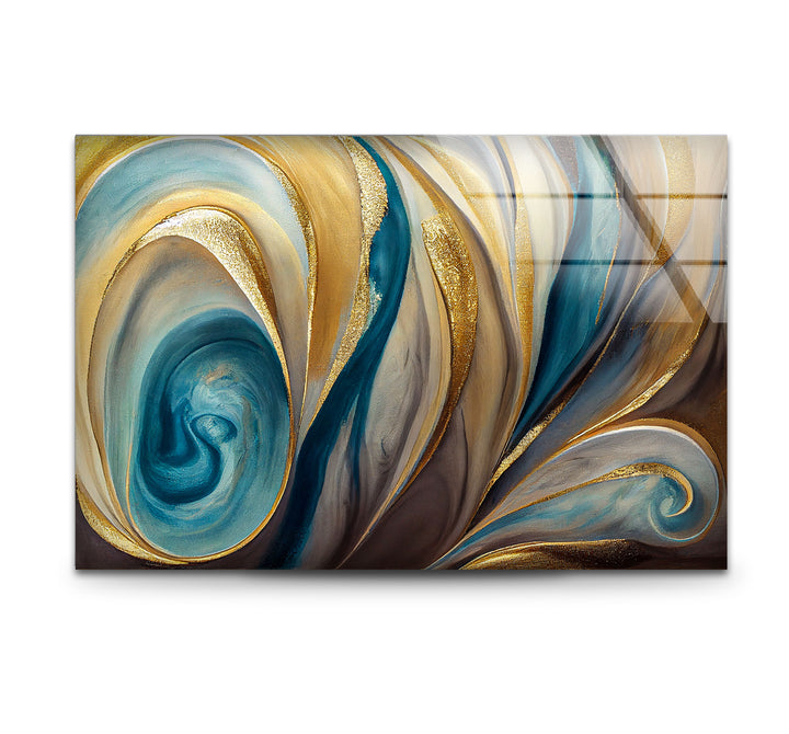 Teal Gold Swirl Wall Art – Elegant Abstract Glass Print for Modern Interiors