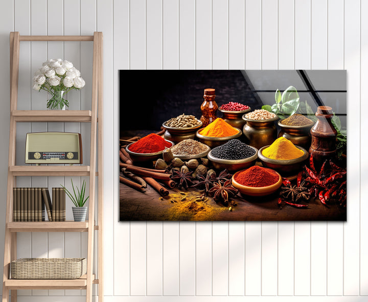Colorful Indian Spice Wall Art – Exotic Kitchen Glass Print with Rustic Herbs & Seasonings