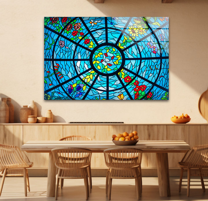 Blue Stained Glass Wall Art – Vibrant Floral & Ocean Window Design for Home & Office