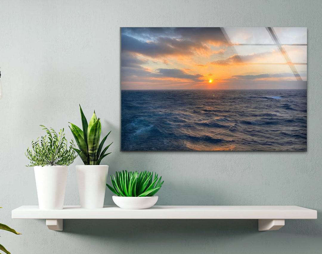 Ocean Horizon Sunset Wall Art – Serene Coastal View Tempered Glass Print - MyPhotoStation
