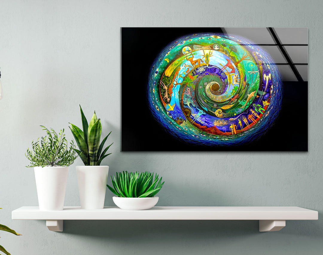Cosmic Spiral Wall Art – Vibrant Spiritual Glass Print with Universe Symbols for Meditation & Modern Interiors