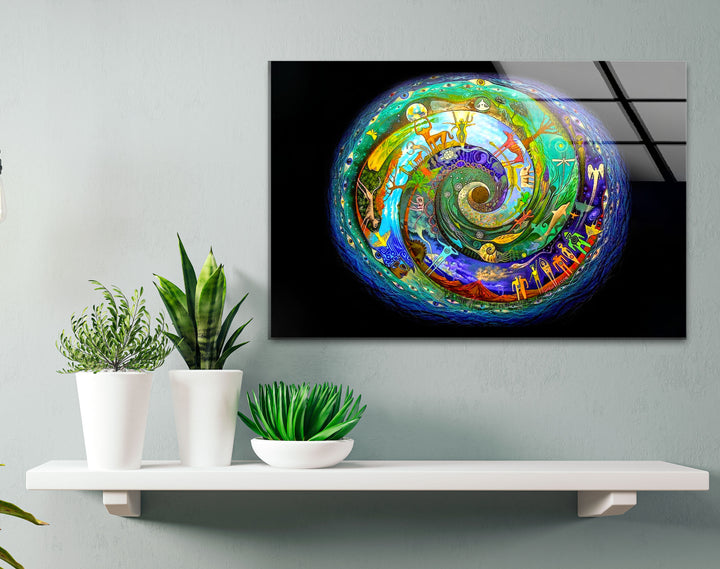 Cosmic Spiral Wall Art – Vibrant Spiritual Glass Print with Universe Symbols for Meditation & Modern Interiors