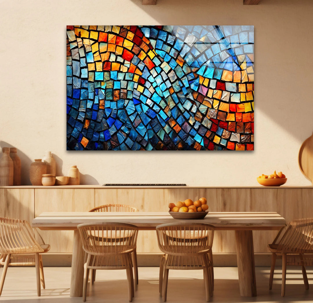 Vibrant Mosaic Wave Glass Wall Art – Colorful Abstract Squares Decor - MyPhotoStation