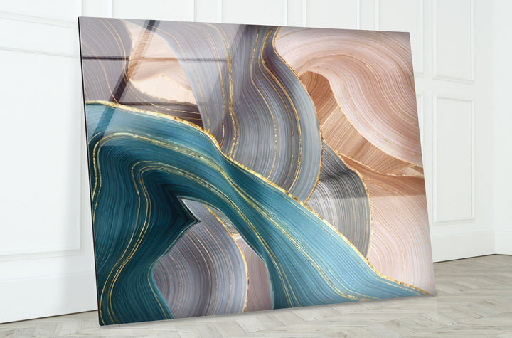 Goldene Adern Abstrakte Wandkunst – Blauer und beiger Glasdruck 