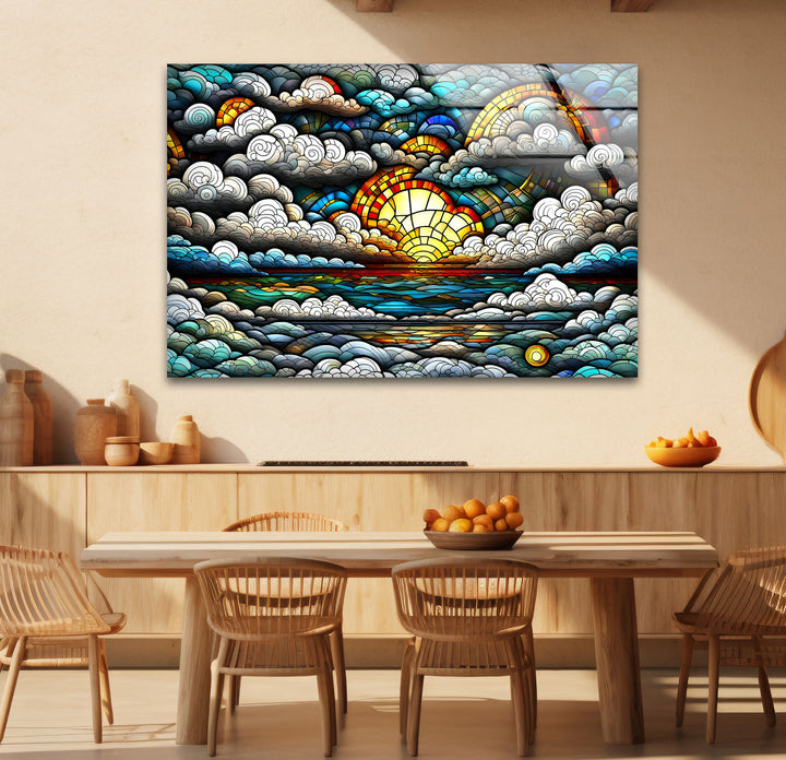 Stained Glass Sunrise Cloudscape Wall Art – Serene Horizon Decor